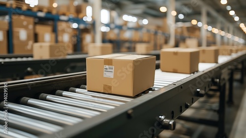 Cardboard boxes on conveyor belt in warehouse, freight transportation and distribution warehouse