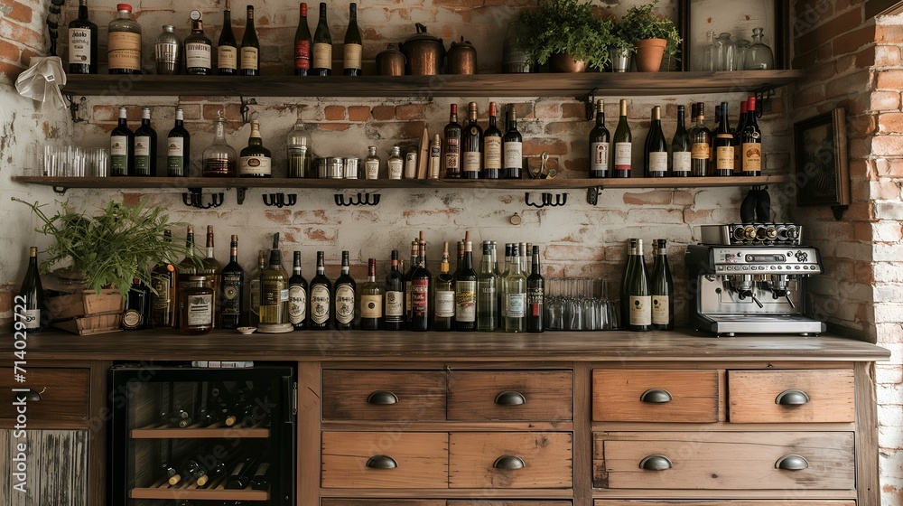 Vintage bar counter with bottles of wine and other alcohol drinks.