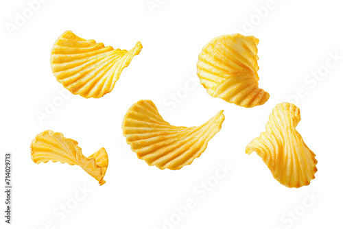 Potato chips fried falling in the air isolated on transparent background  snack time  junk food and high calories concept  crispy snack pieces.
