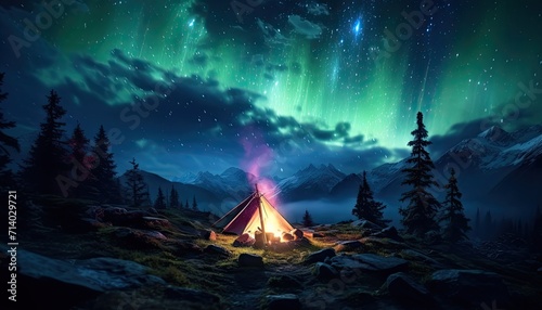 View of night sky with multicolored aurora borealis and mountain peak background. Night glows in vibrant aurora reflection on the lake with forest. 