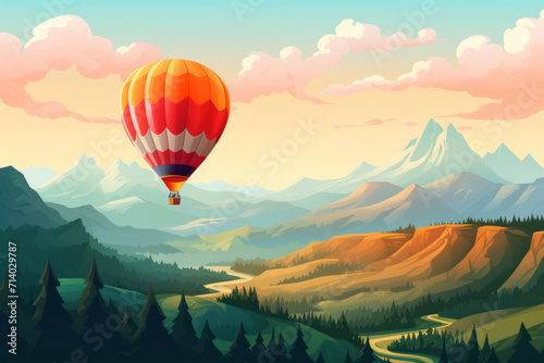 Colorful Hot Air Balloon Flying over Mountain Landscape