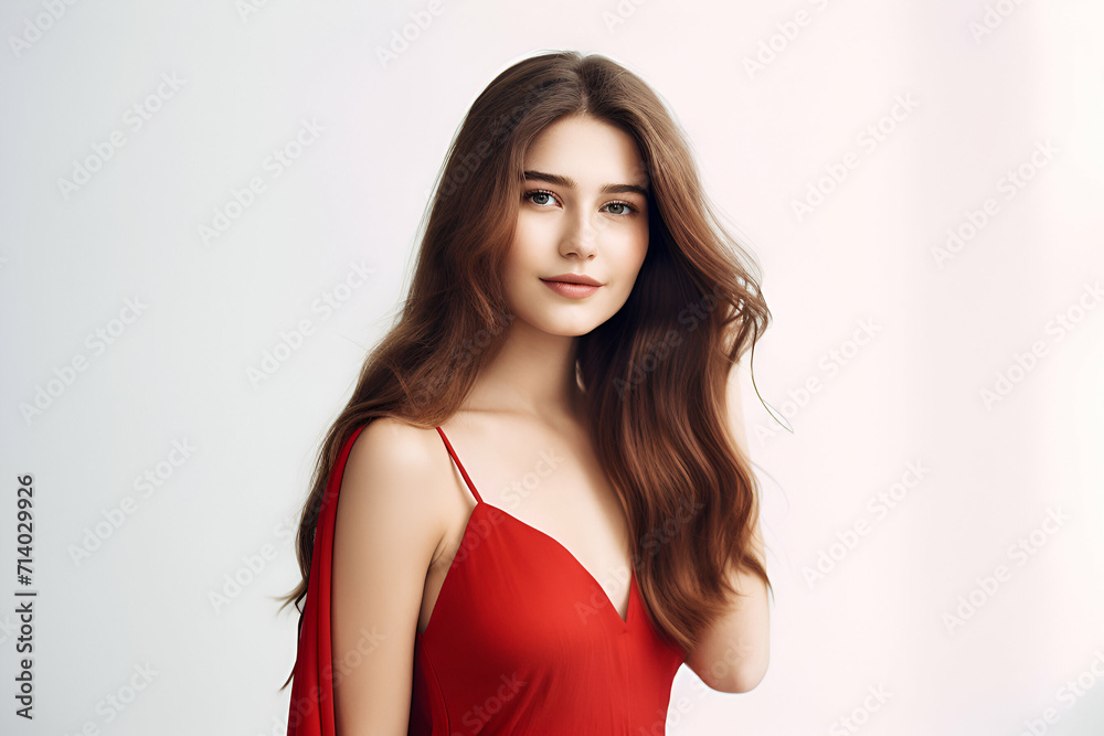 Confident woman in red dress exudes natural beauty. Smiling, flowing hair in medium shot. Perfect for beauty stock photography. Confident woman in red dress exudes natural beauty. Smiling, flowing hair in medium shot. Perfect for beauty stock photography.