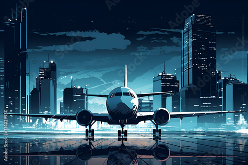 Airport in urban setting, plane soaring amid cityscape. Juxtaposition of modernity and departure.