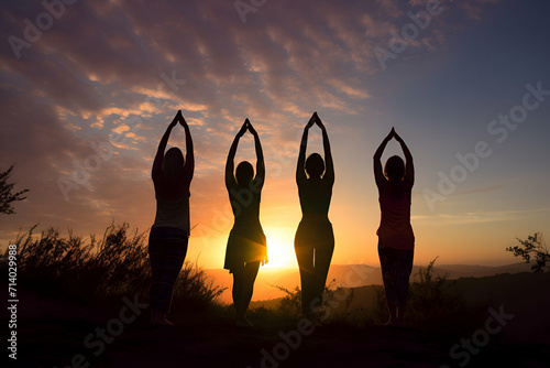 Group of women in uplifting yoga practice, arms extended towards sky. Dynamic angles, celestial color palette.
