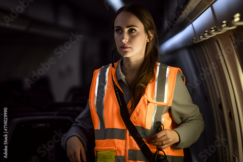 Stewardess conducts safety inspection, checks emergency exits, life vests. Serious responsibility emphasized with strategic lighting.