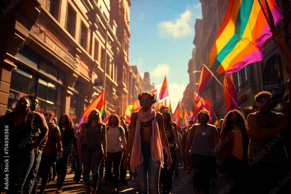 In this vibrant and joyous snapshot, an exuberant crowd marches in the lively and colorful LGBTQ+ parade, celebrating diversity, pride, and equality 