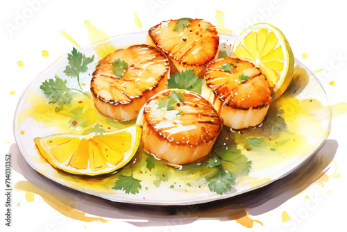 Delicious Fried Seafood Scallop Dish on Green Plate with Gourmet White Sauce, Fresh Sea Background