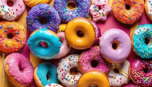 Happy colorful icing sugar donuts background