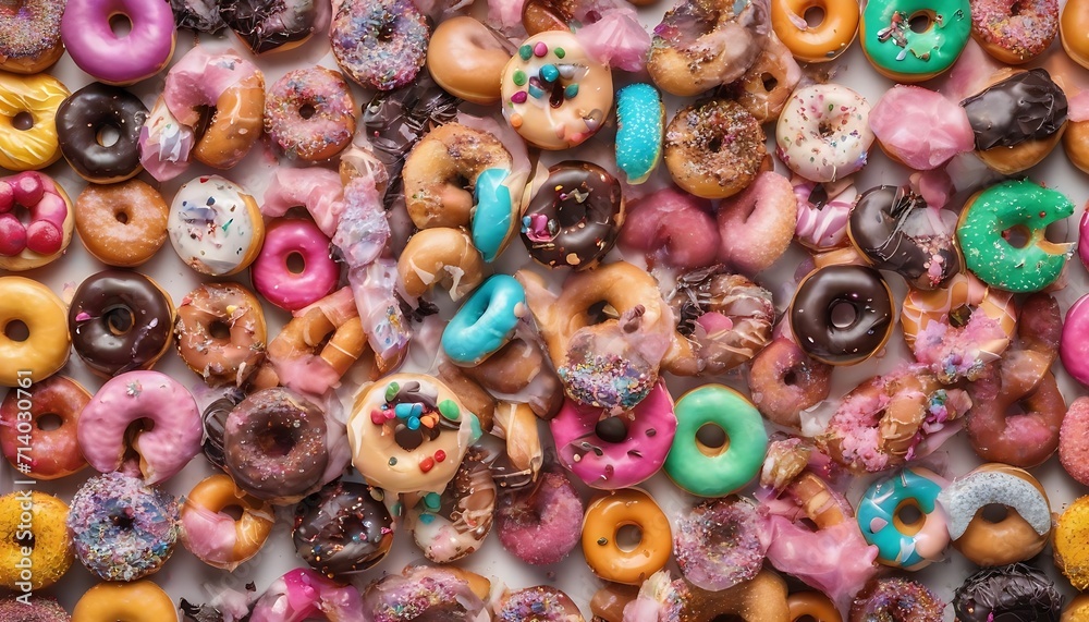 Huge mass of colorful donuts with icing sugar 