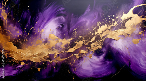 Impressive Explosion of Splashes of Gold and Purple Paint on a Black Background - Abstract Painting