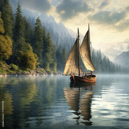 Nice view river sailing boat images Generative AI