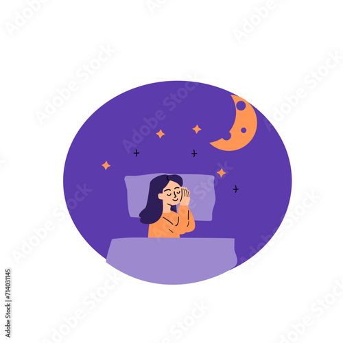 Sweet dreams design elements for banner and background. A woman sleeps in bed lying on a pillow and covered with a blanket. Vector hand drawn flat illustration. 