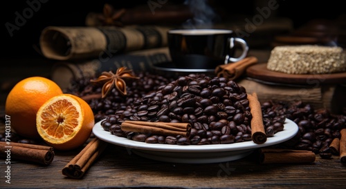 A warm, inviting table adorned with a plate of fragrant coffee beans, accompanied by hints of cinnamon and anise, provides the perfect setting for indulging in a superfood-infused cup of coffee