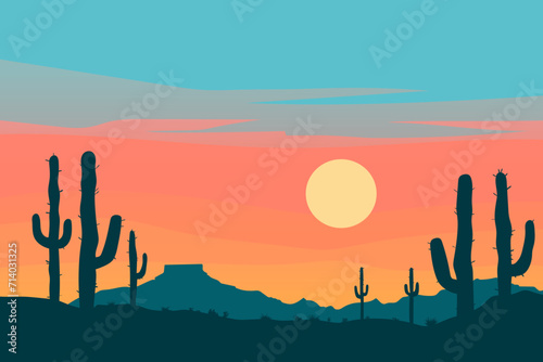 Sunset in the Wild West. Beautiful desert landscape with sandstones and silhouettes of cacti. Panorama of the desert. Vector illustration for design, poster, banner, card or print.