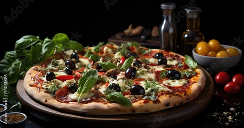 Indulge in a slice of california-style pizza, adorned with savory olives and fresh basil, served on a rustic wooden plate for a satisfying and flavorful meal