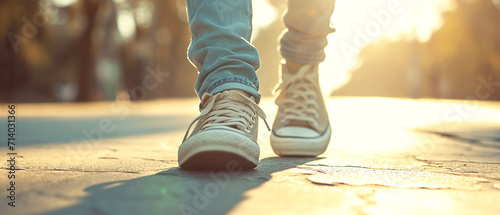 Fényképezés Legs of a young man walking on the stony street
