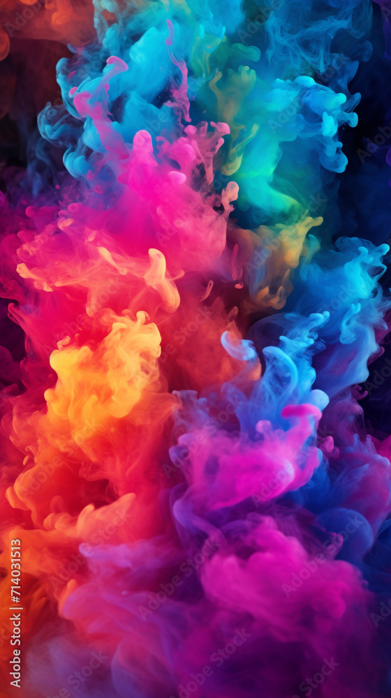 Wallpaper art Explosions vibrant multicolored smoke create an otherworldly spectacle, smoke neon colorful swirling vibrant liquid colors twirling against inky darkness the background Generative Ai