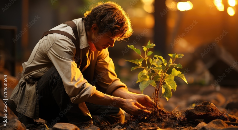 Fototapeta premium A person humbly kneels before a vibrant plant, their earth-toned clothing blending seamlessly with the surrounding ground, creating a peaceful and harmonious outdoor scene