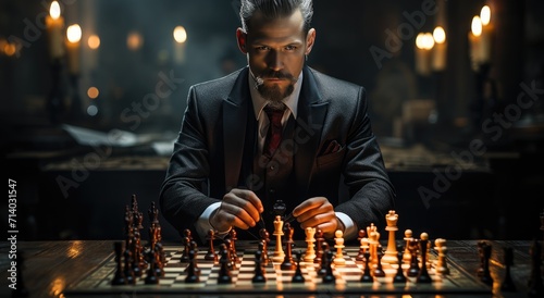 In a dimly lit room, a sharply dressed man contemplates his next move as the flickering candle casts shadows across the chessboard, his clothing a stark contrast to the intricately carved chess piece