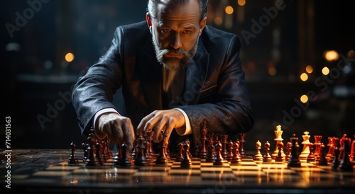 In a dimly lit room, a man in casual clothing carefully strategizes his next move on the intricate chessboard, illuminated by a single light, as he engages in a battle of wits through the timeless ga