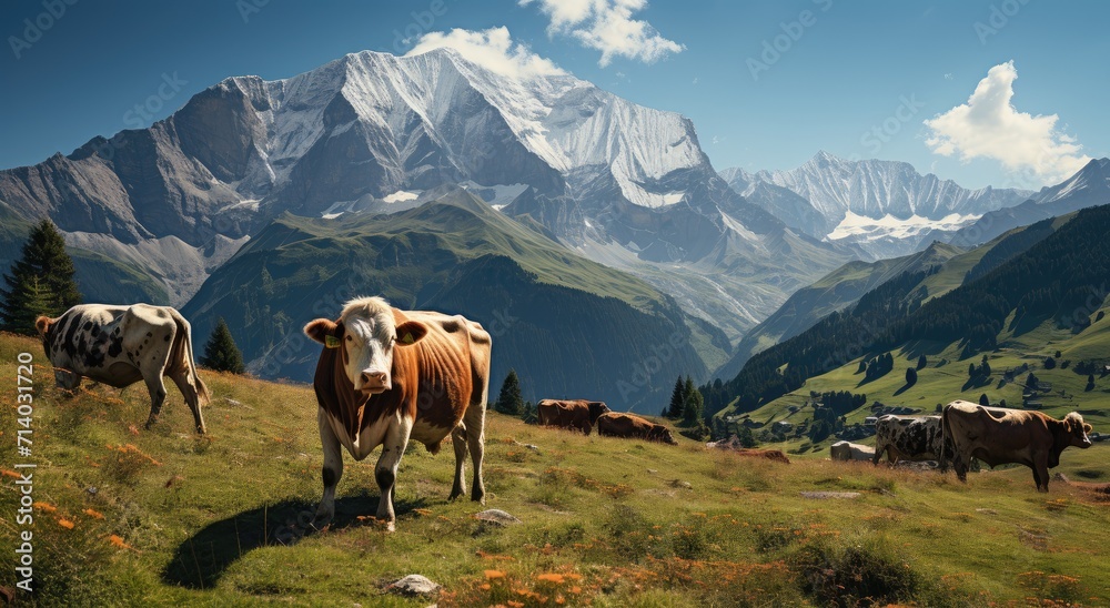 A lone bovine majestically surveys the vast highland landscape, surrounded by a serene backdrop of towering mountains and billowing clouds, evoking a sense of peacefulness and harmony with nature