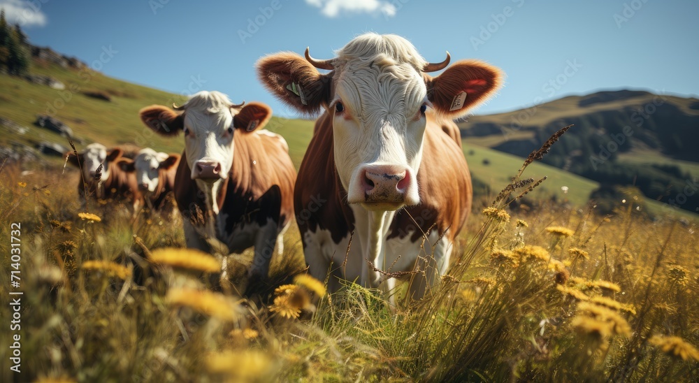 A picturesque landscape of serene cows grazing in a vast field, with the majestic mountains in the background and the blue sky above A picturesque landscape of serene cows grazing in a vast field, with the majestic mountains in the background and the blue sky above