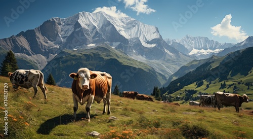 A lone bovine majestically surveys the vast highland landscape, surrounded by a serene backdrop of towering mountains and billowing clouds, evoking a sense of peacefulness and harmony with nature © Larisa AI