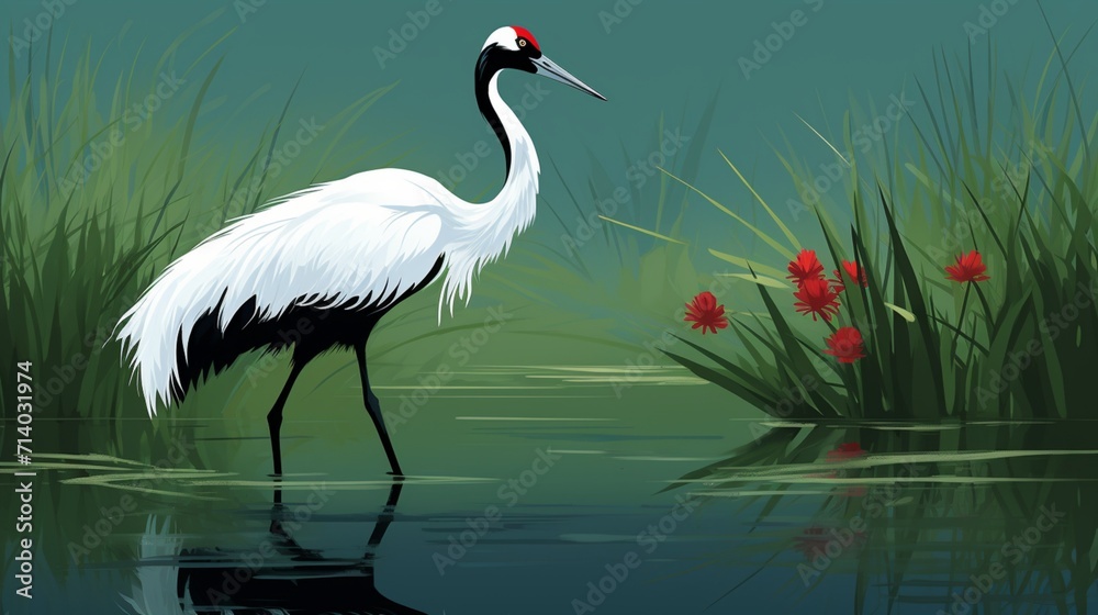 Naklejka premium A red-crowned crane gracefully wading in the water