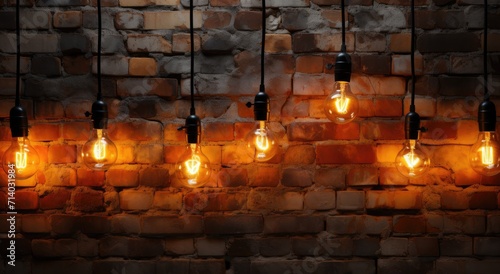 A warm glow radiated from the amber light bulbs, casting a cozy and intimate atmosphere against the rough brick wall of the indoor space
