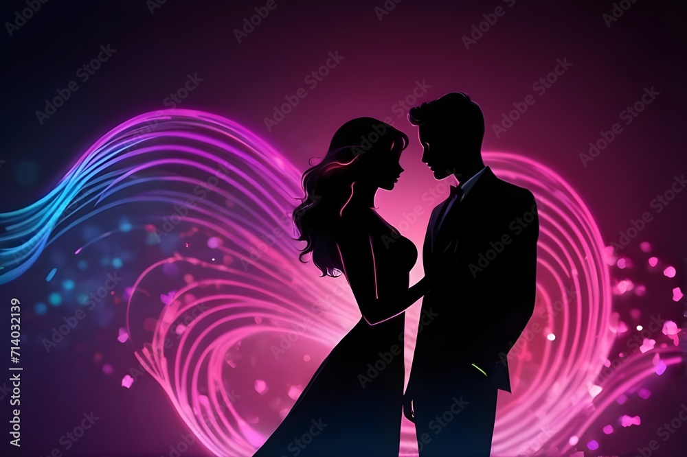 Romantic loving couple shadow illustration with neon wave bokeh background, valentine day concepts