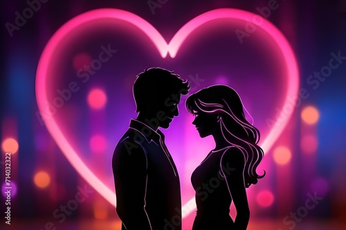 Romantic loving couple shadow illustration with neon wave bokeh background, valentine day concepts