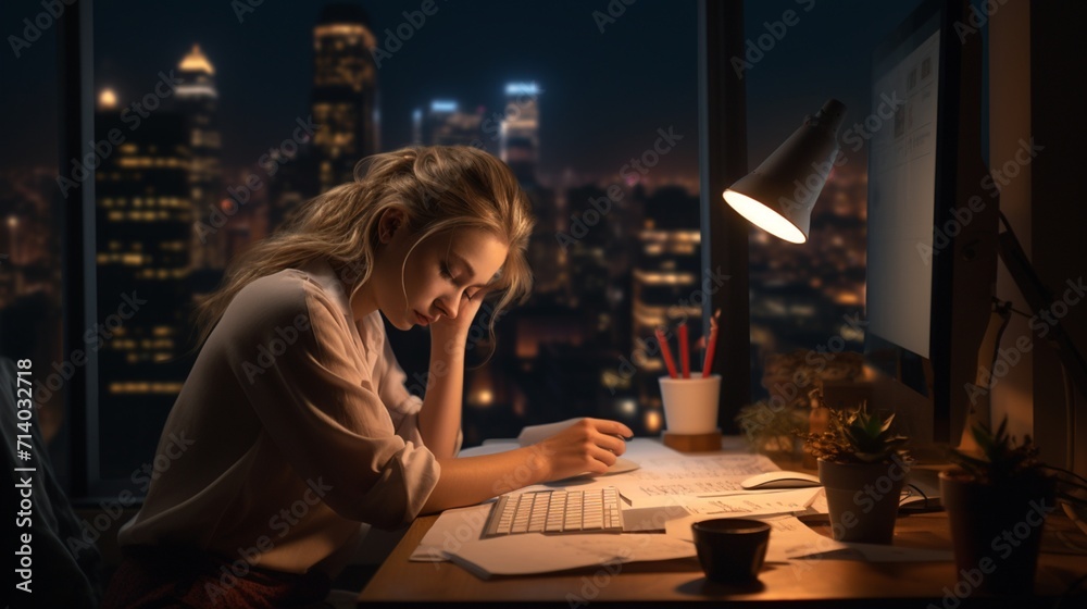 A sad woman working at night in an office A sad woman working at night in an office
