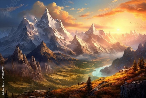 Stunning view of majestic peaks and scenic landscape. Generative AI © Kato