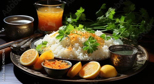 A vibrant dish of steamed white rice, adorned with zesty slices of lemon and orange, surrounded by a colorful salad and served with a refreshing citrus drink, awaits to tantalize your taste buds at t photo
