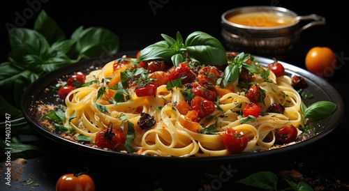 Indulge in the vibrant flavors of italy with this vegetarian dish featuring al dente pasta pomodoro tossed in a stir-fried medley of fresh tomatoes and basil  served in a cozy indoor setting