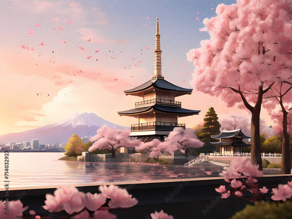 Obraz premium A Japanese Mosque at Dusk with Blossoming Sakura Tranquility