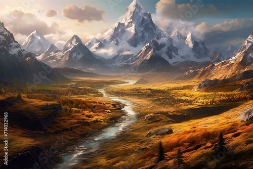 Stunning view of majestic peaks and scenic landscape. Generative AI