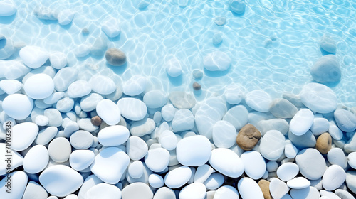 Transparent Clean Blue Water with Smooth Stones and Pebbles at the Bottom. Spa Salon Concept.