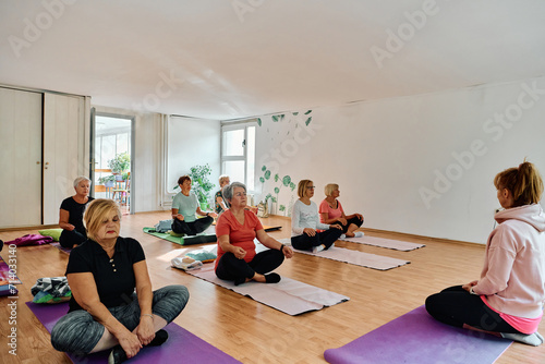 A group of senior women engage in various yoga exercises, including neck, back, and leg stretches, under the guidance of a trainer in a sunlit space, promoting well-being and harmony