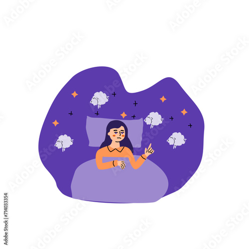 Sleep disorder, insomnia or stress of woman. Young female in bed. Vector flat illustration isolated. 
