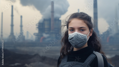 Girl wear a mask in front of coal fired power plants, air pollution and global warming concept.