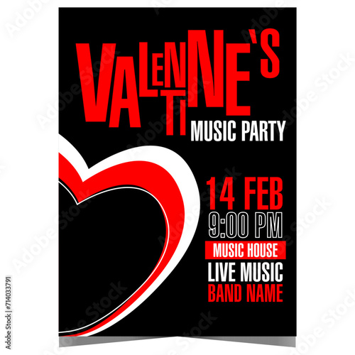 Valentine's Day music party invitation with a red-white heart in the black background. Design template of banner or poster for celebration of Feast of Saint Valentine at a disco dance club.