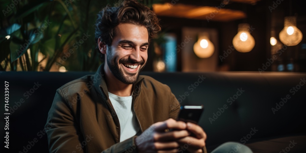 young millennial African man sitting in soft chair using smartphone. ai generated - obrazy, fototapety, plakaty 