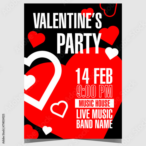 Valentine's Day party design template in red, white and black colours. Vector banner, poster or flyer for romantic evening event at disco dance club to celebrate the Feast of Saint Valentine.