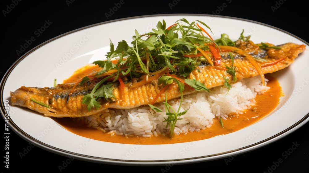 Caribbean Culinary Flavors: The Tropical Delight of Pescado con Coco, a Dominican Coconut Fish Stew, Beautifully Presented with Rice and Garnished with Fresh Herbs for a Culinary Masterpiece. Caribbean Culinary Flavors: The Tropical Delight of Pescado con Coco, a Dominican Coconut Fish Stew, Beautifully Presented with Rice and Garnished with Fresh Herbs for a Culinary Masterpiece.