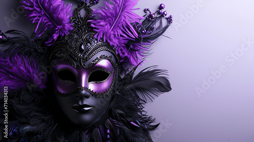  amazing and beautiful carnival mask with golden and purple tones fun time. copy space. generative ai 