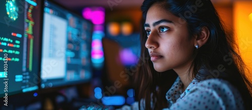 Young Indian female software developer specialized in South Asian programming, monitoring solutions, and VFX hologram editing, working in a tech start-up office while visualizing coding interfaces and