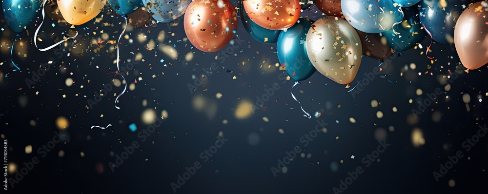 Metallic balloons with black background, confetti and copy space, horizontal party banner - obrazy, fototapety, plakaty 