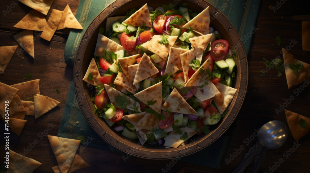 A colorful bowl of fattoush salad, a refreshing and nutritious addition to any Ramadhan meal