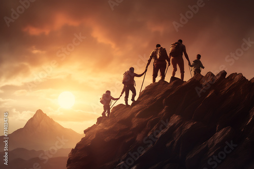 Silhouettes of climbers climbing on the mountain.